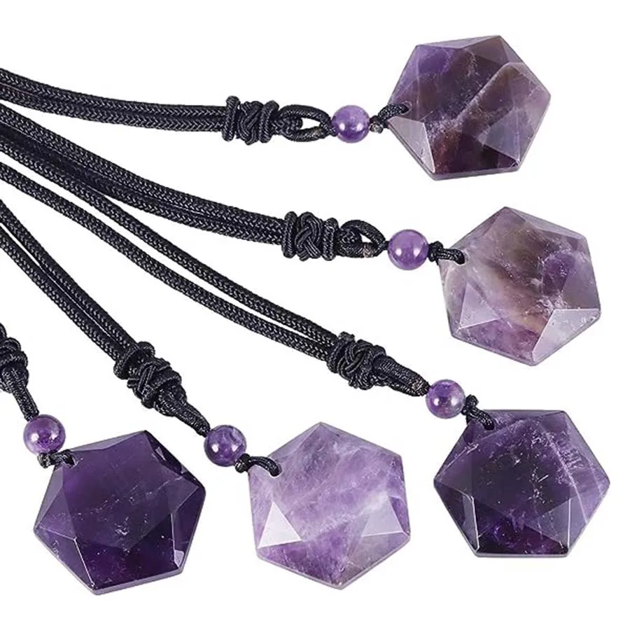 Magen David Stone Pendant Necklace For Women Natural Ameheyst Crystal Quartz Hexagram Star of David Pendants Rope Chain Necklace