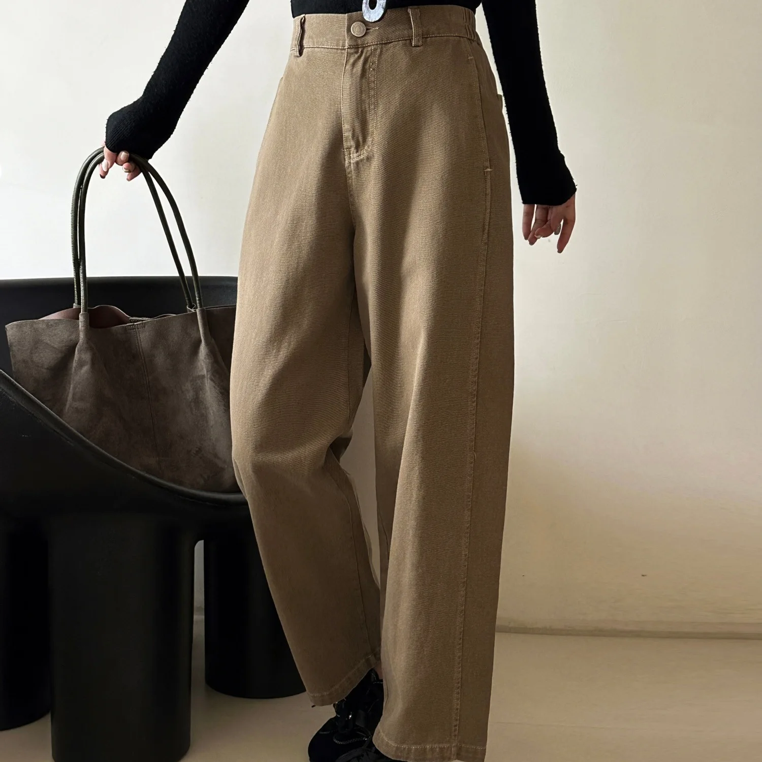 High Waist Wide Leg Cotton Casual Pants Women's Vintage Washed Processed Nine Points Jeans Loose Fit Comfortable Trousers