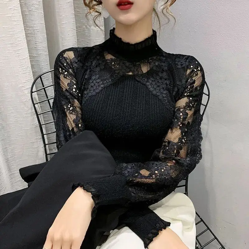 Women Clothing Elegant Fashion Black Sexy Lace Patchwork Knitwears Hollow Half High Collar Long Sleeve Slim Basic Pullover Tops