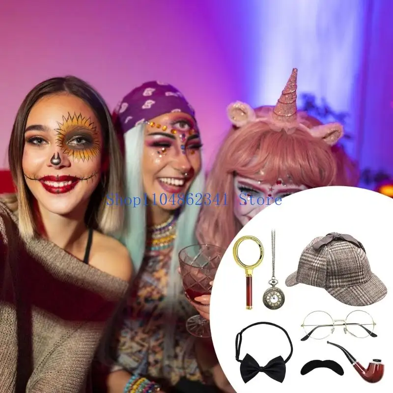 5asd 7 ชิ้นนักสืบเครื่องแต่งกายอุปกรณ์เสริมผู้ใหญ่นักสืบหมวก Inspector เครื่องแต่งกายชุดสำหรับ Masquerades