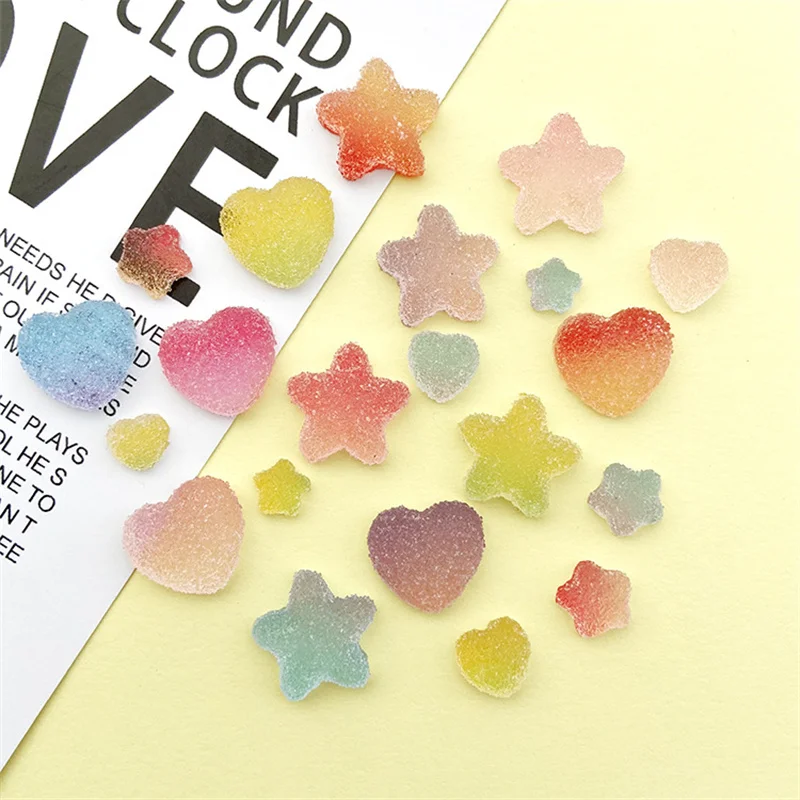 Mini Gradient Granulated Sugar Star Heart Shape Flatback Resin Cabochons, DIY Scrapbook, Jewelry Craft Decor Accessories, 10 Pcs