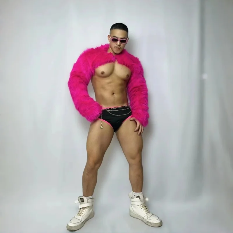 

Muscle Man Faux Fur Shoulder Sleeve Costume Shorts Outfit for DJ Dancer Gogo Performance Stage Wear Club Show Rave Party Dance