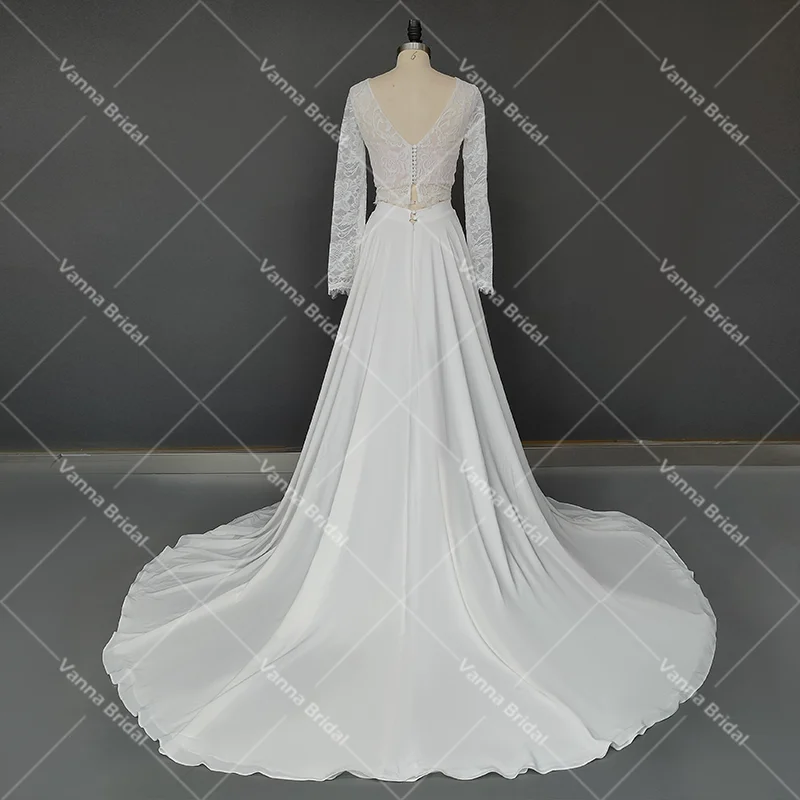 Vestido de casamento de duas peças de renda rústica, mangas compridas, chiffon personalizado, plus size, linha, fotografia, top curto, praia, vestidos de noiva