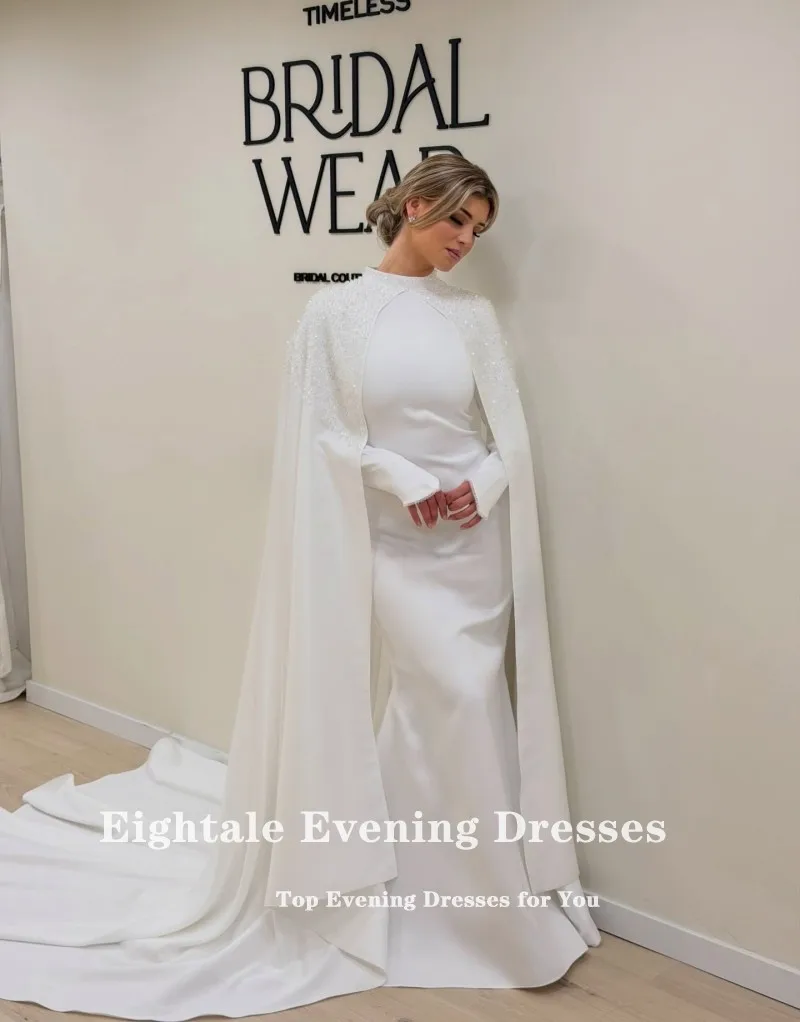 Eightale Arabic Wedding Dress High Neck Appliques Customized Ivory Luxury Long Sleeves Mermaid Bridal Gown Bride Party Dress