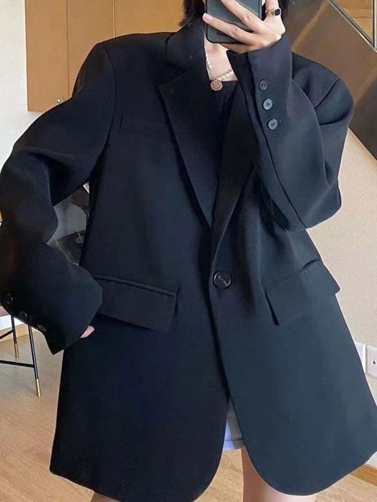 

Весенне-осенний новый однотонный женский костюм на одной пуговице, повседневное свободное пальто в стиле ретро с длинными рукавами, топ