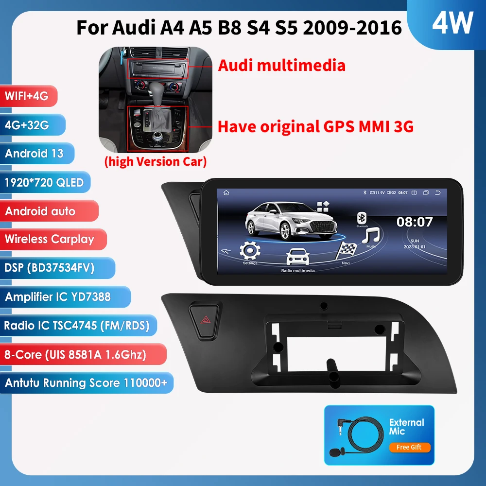 10,25 "Android 13 Autoradio Carplay Für Audi A4 A5 B8 S4 S5 2009-2016 Multimedia video-player Auto radio GPS Stereo 2DIN Kopf Einheit