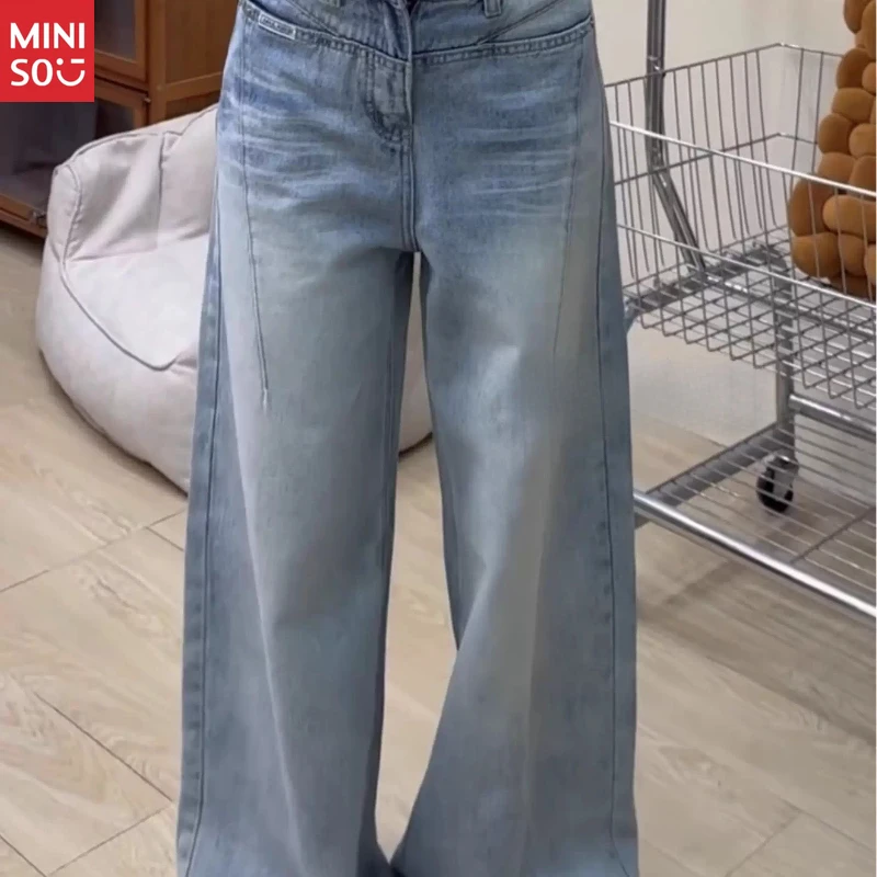 Celana Jeans Miniso Ukuran Besar Vintage Washed, Model Distressed Wide Leg 2025, Denim Gaya Jalanan Amerika