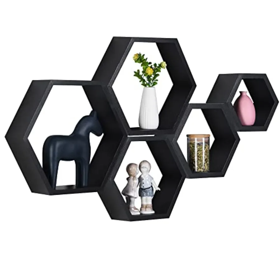 

Hexagon Floating Shelves, Wall Mounted Wood Farmhouse Storage Honeycomb Shelf Set of 5, for Bathroom, Kitchen, Bedroom, Living