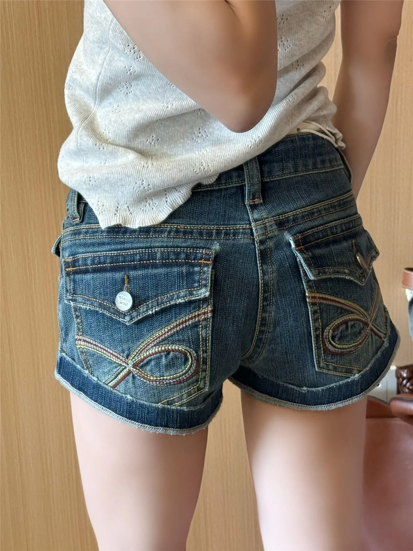 American Style Spicy Girl Retro Heavy Embroidery Low Waist Denim Shorts Women Summer Slimming Tight Fitting Butt Lifting Hot ...