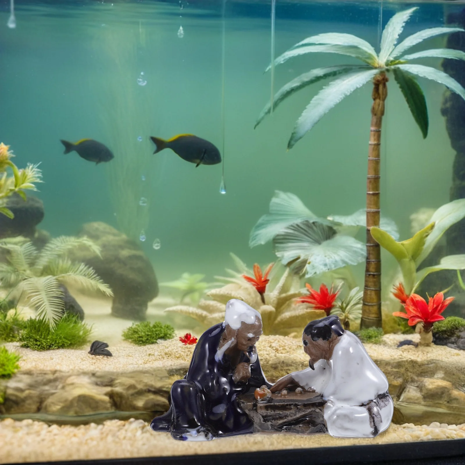 قطعتان من تماثيل البونساي المصغرة السيراميكية بتصميم الشطرنج القديم والموسيقى، تماثيل صغيرة لتزيين المكتب وحوض السمك والمنزل والحديقة