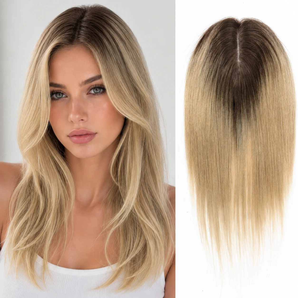 女性用ヘアピース　ブラウンからブロンドゴールデン　12インチ　ストレート　ミドルパート　シルクベース　クリップ式　薄毛隠し用