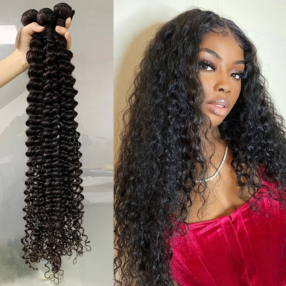 MEODI Brazilian 26 28 30 Inch Deep Wave Virgin Hair Weaves Bundles Curly Human Hair Bundles Single Bundles Remy Hair Extensions