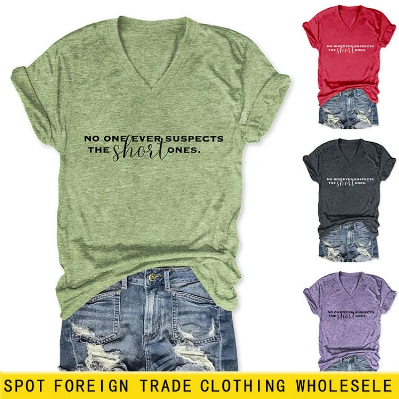 

V-neck vintage style short-sleeved t-shirt for women in summer, covering the stomach, with slimming print top