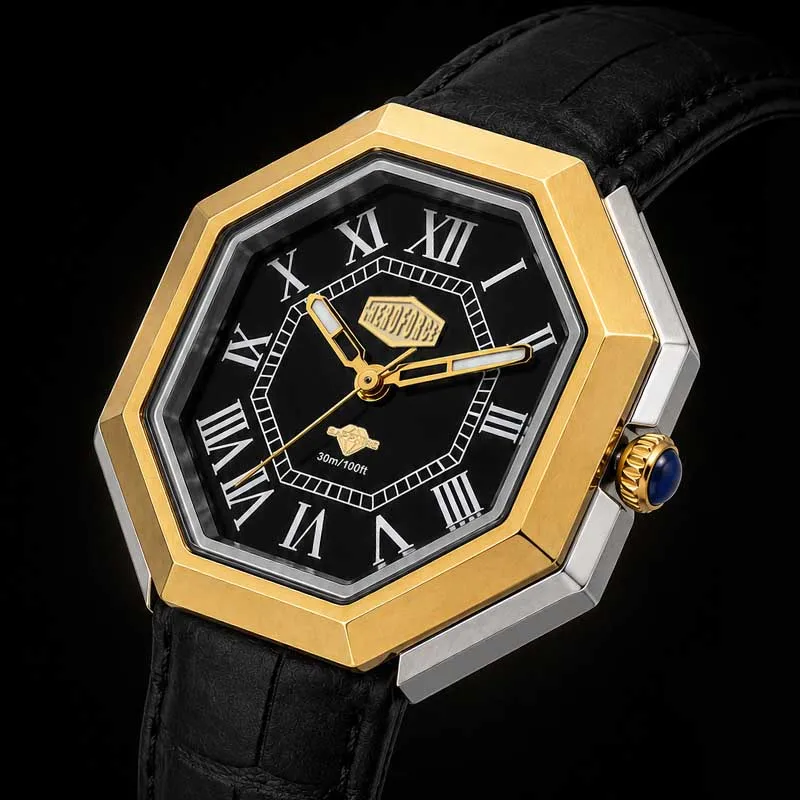 HEROFORCE Octagon Case Quartz Watch For Men Black Dial Roman Numerals Two-tone Bezel Black Leather Strap Waterproof Wristwatch