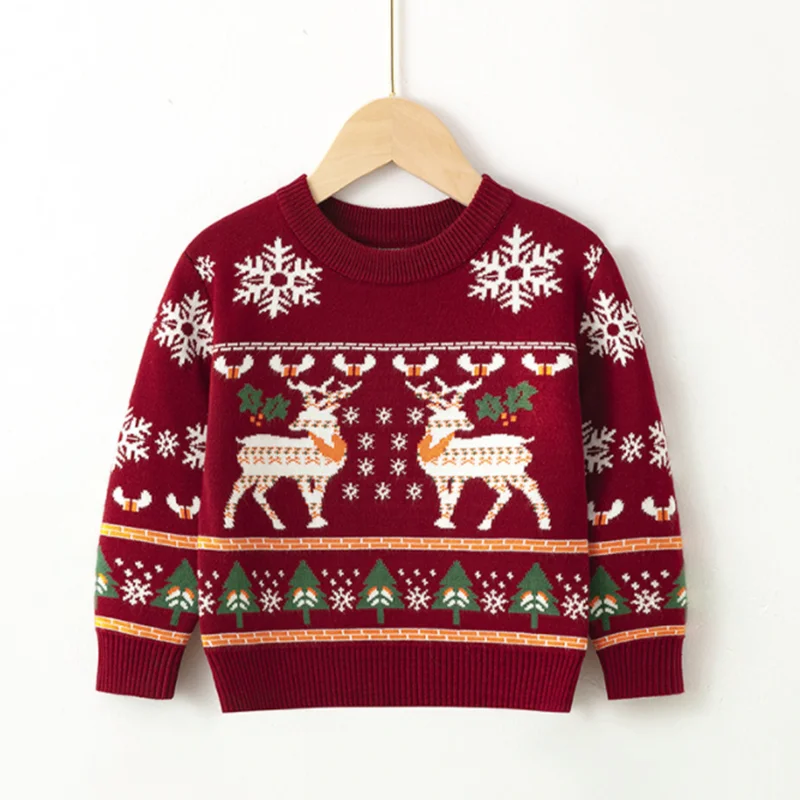 2024 Christmas Sweater O Neck Printed Deer Novelty Ugly Christmas Sweater Unisex Boys Girls Long Sleeve Knit Sweater Jacket