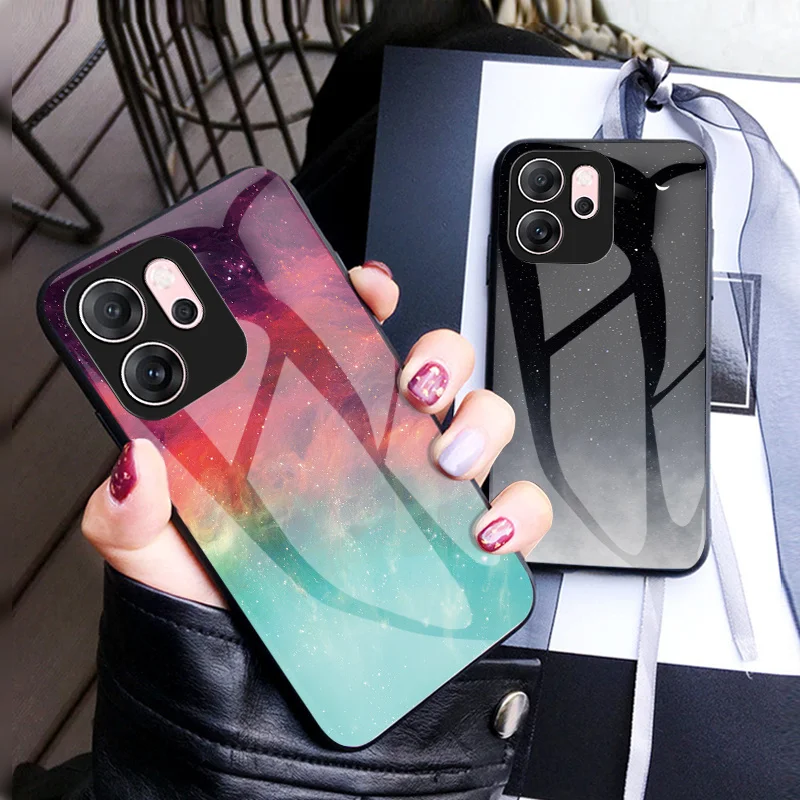 Oppo Reno14 F CPH2743 Case Starry Stars Grain Tempered Glass Hard Back Cover Phone Case Silicon Bumper for Oppo Reno 14F Reno14F
