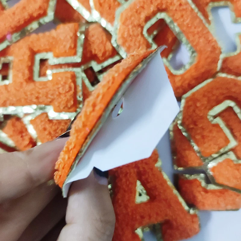 Orange Letters Sticker Patch Alphabet Towel Embroidered Chenille Patches for Clothing Bags Jacket Stick on Accessories Applique