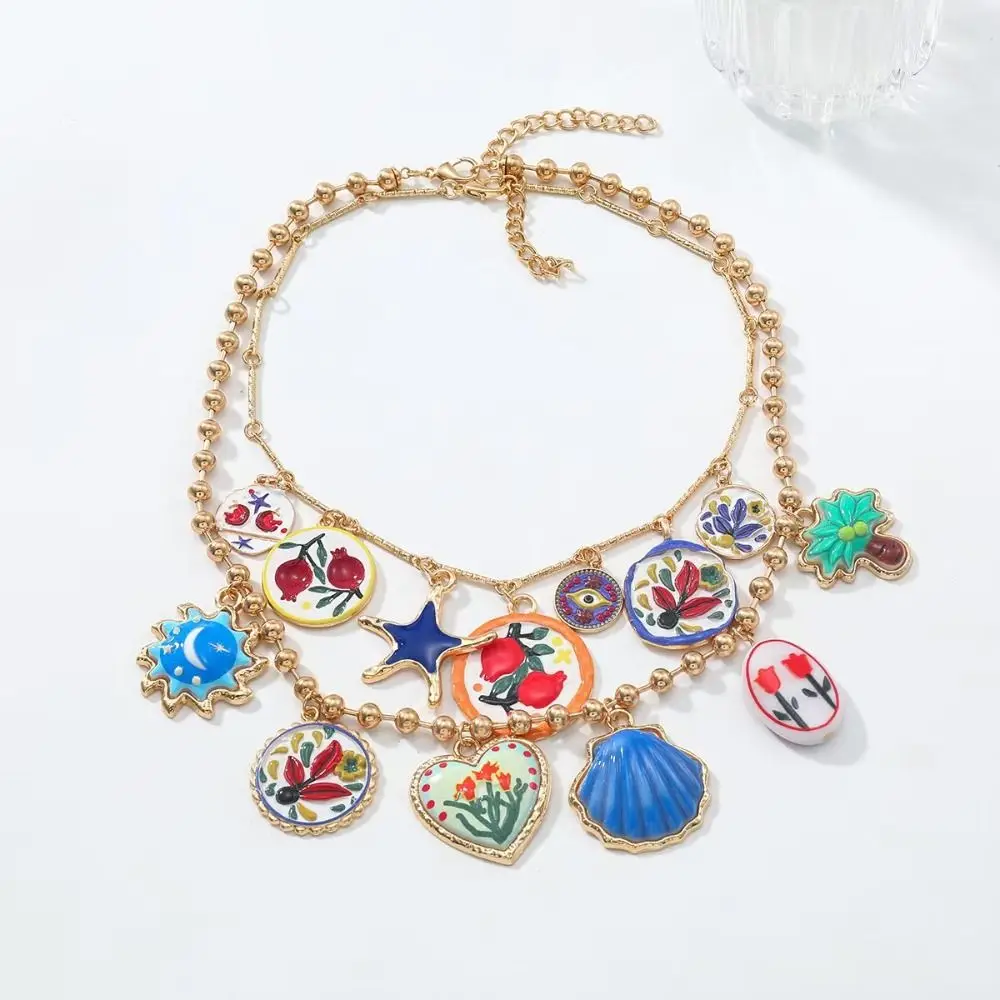 Simple Metal Chain Enamel Floral Necklace Gold Layered Flower Pendant Necklace Heart Retro Beads Clavicle Chain Vacation