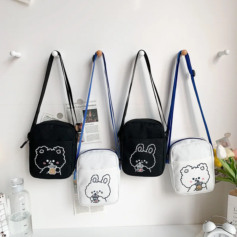 Urso bonito e coelho imprimem sacos crossbody para mulheres, meninas, mini bolsa quadrada de lona, bolsas na moda dos desenhos animados, bolsa de