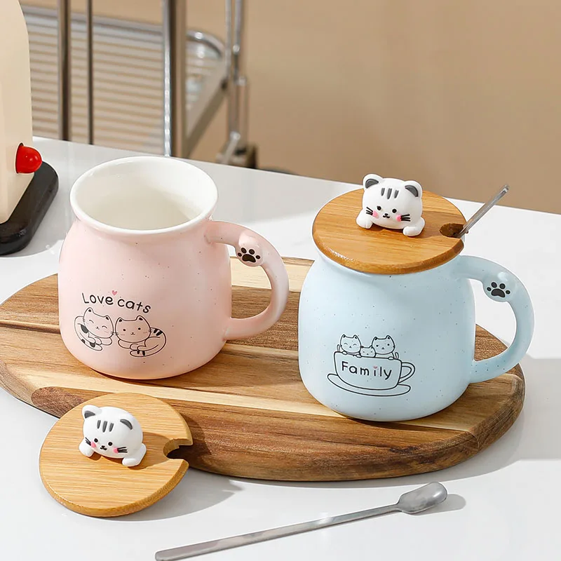 Creative color cat heat-resistant Mug cartoon with lid 350ml cup kitten coffee ceramic mugs children cup office Drinkware gift