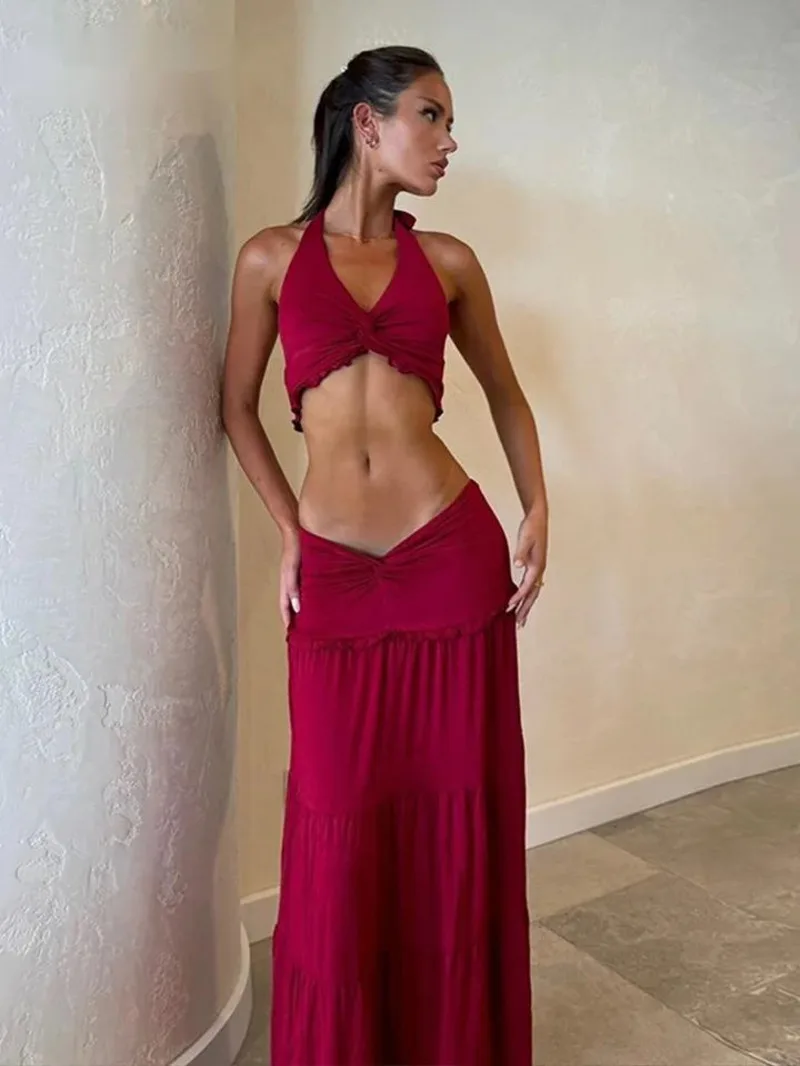 

Sexy Halter Vest Skirt Sets Women Solid Crop Bikini Top Long Pleated A-line Skirts Spring Summer Lady Vacation Beach Outfit PZ9A