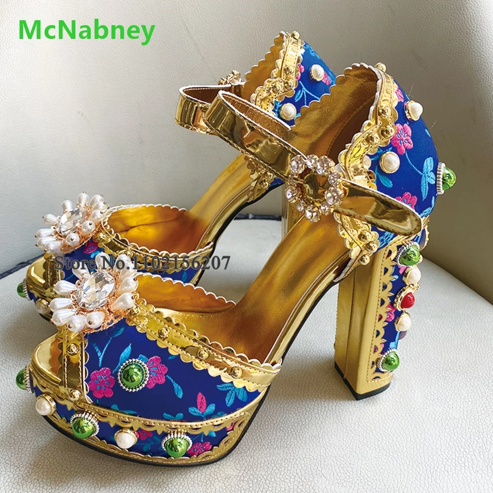 Pearl Rhinestone Platform Sandals For Female Women Luxury Design Peep Toe Square Heel Buckle Strap Fashion Elegant Wedding Shoe