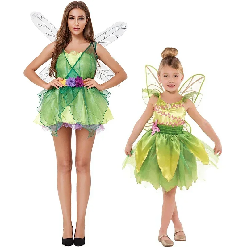 

SN66 2024 Green Girl Tinker Bell Costume Halloween Purim Costume For Child Tinkerbell Fairy Fancy Dress WomenW&C@