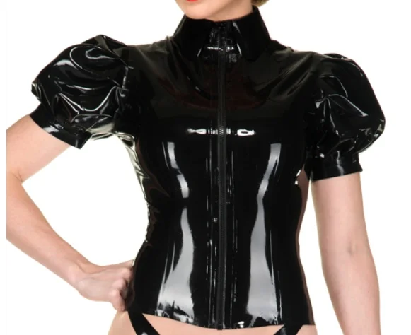 100% Latex Rubber Gummi Ganzanzug Catsuit Kostüm Black Puff sleeve top