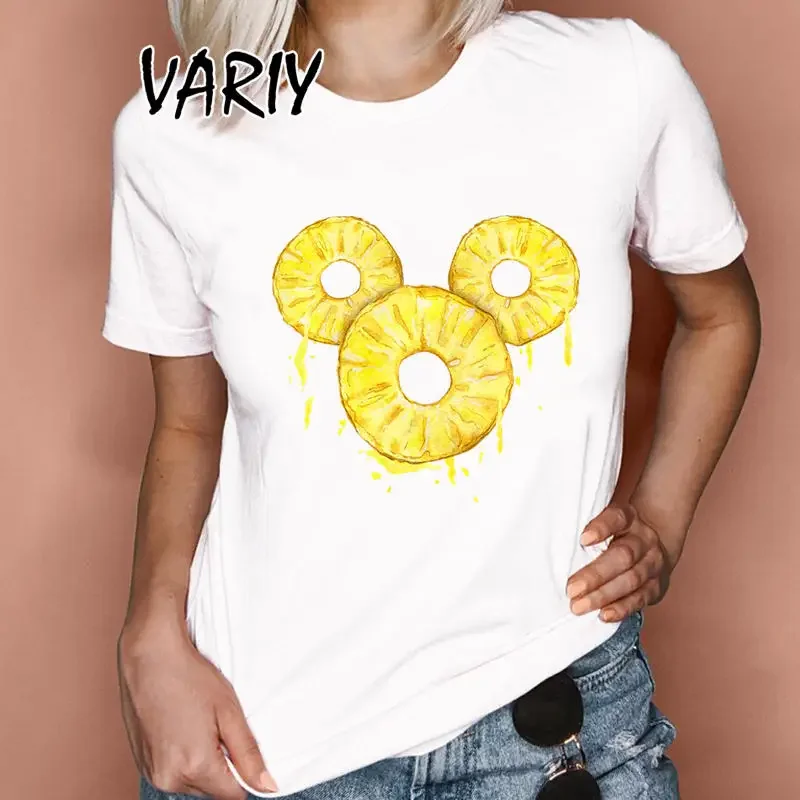 FunnyTee-Camiseta básica de Mickey Mouse para mujer, camiseta informal de fruta con cuello redondo, camiseta blanca Hipster Harajuku de verano 2024