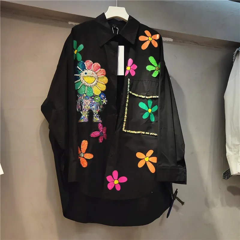 SALIENCY Spring Summe Heavy Industry 3D Flower Blouse Women  Mid Length Diamond Print Candy Color Shirt Spring Loose Top