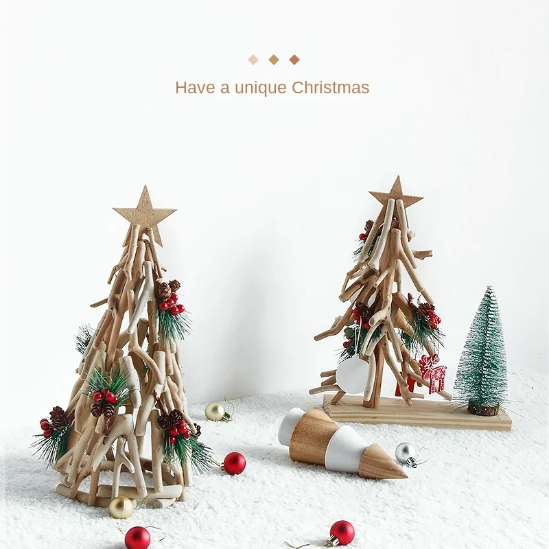 

handmade solid Wood. Nordic desktop christmas tree DOOR small ornaments Background Layout Household luminous Net Red christmas