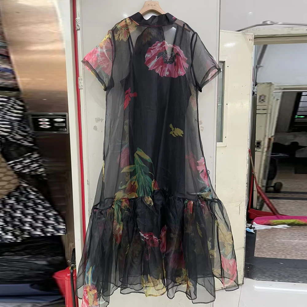 TWOTWINSTYLE, vestidos elegantes holgados con estampado empalmado para mujer, cuello redondo, manga corta, vestido con pliegues de malla de retales para mujer