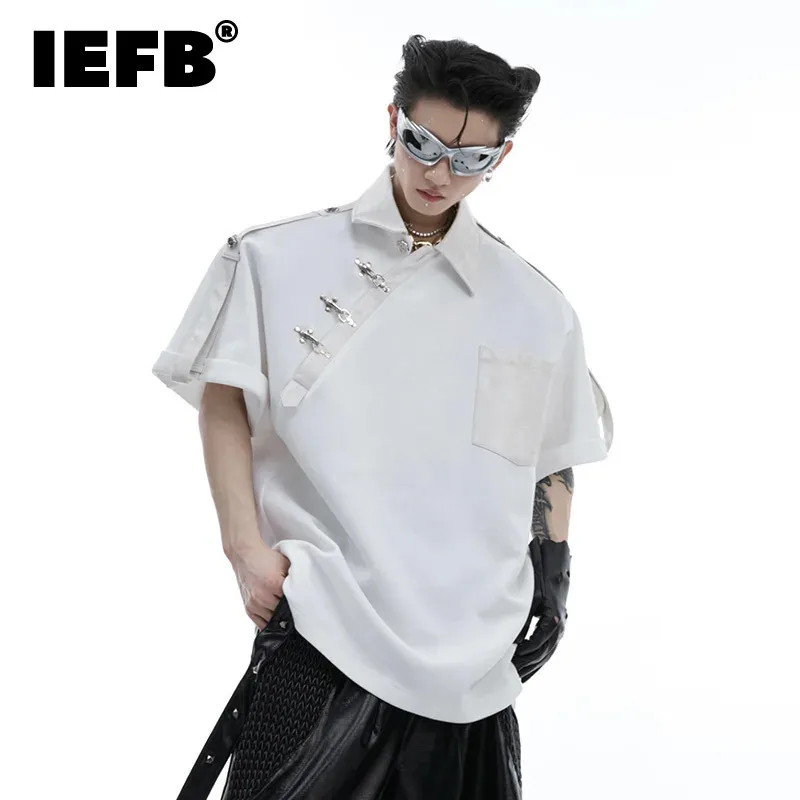 IEFB Metal Shoulder Pad  Shirts PU Leather Splice Loose Short Sleeves Men Shirt 2024 Solid Color Male Tops Fashion 24E1530