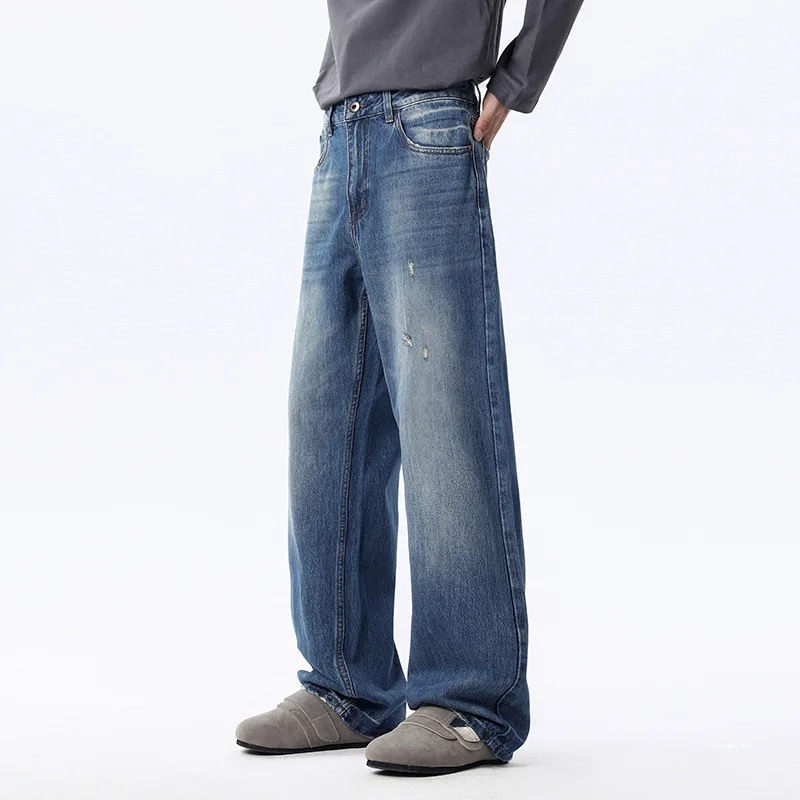 【Mirrordust】Celana Jeans Biru Vintage untuk Pria, Gaya High Street Amerika Musim Gugur, Celana Panjang Sederhana, Celana Lurus Kelas Atas Serbaguna
