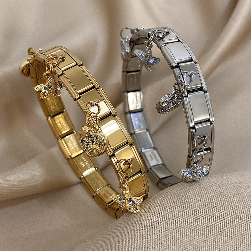 Exquisite Inlaid Zircon Starfish Turtle Pendant Stainless Steel Cuff Bracelet Bangle For Women New Elastic Adjustable Jewelry