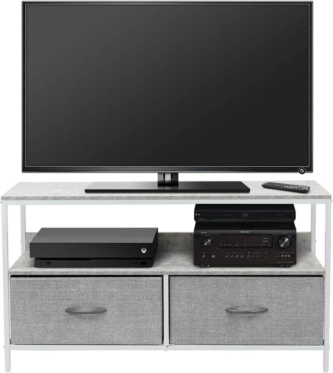 2-Drawer TV Stand with Wood Top & Middle Shelf – Compact Bedroom Dresser for Flat Screen TV, Lamps, Books, Charging Station, Linens Storage