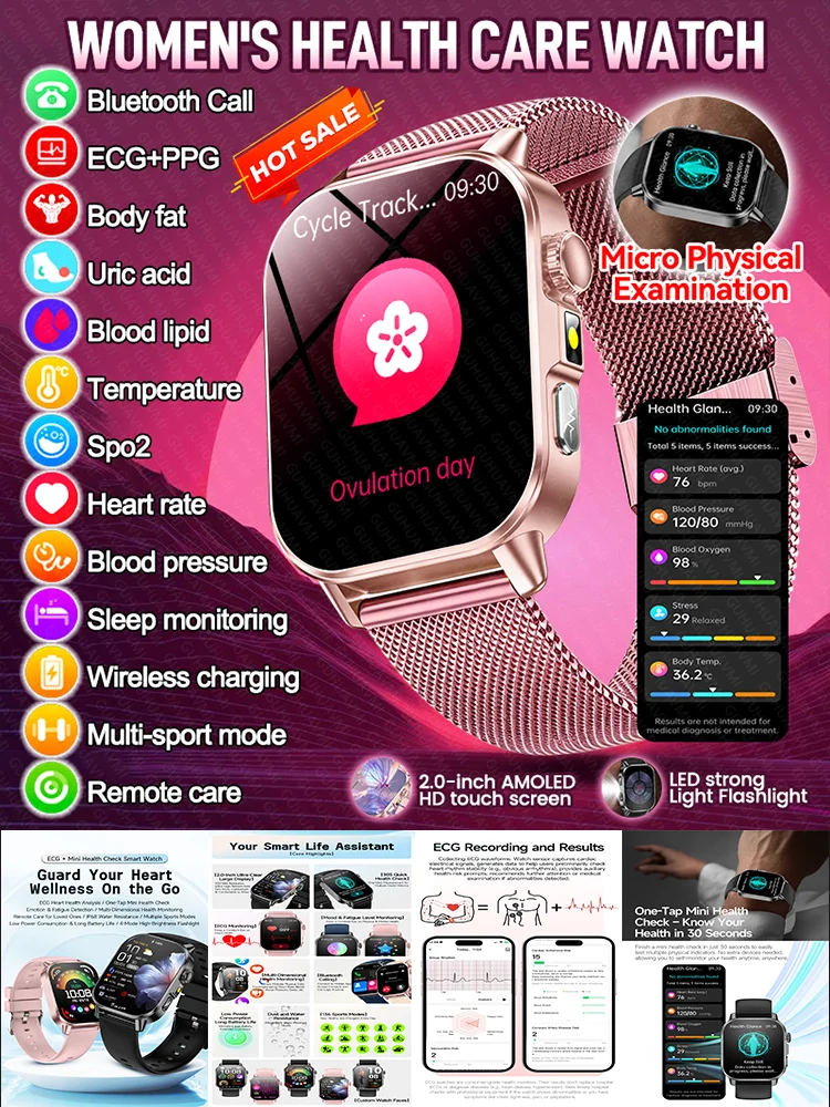 2026 Original Damen-Gesundheits-Smartwatch mit präziser Diagnose, EKG+HRV, Blutdruck, Blutsauerstoff, Harnsäure, Herzfrequenz, Bluetooth-Anruffunktion