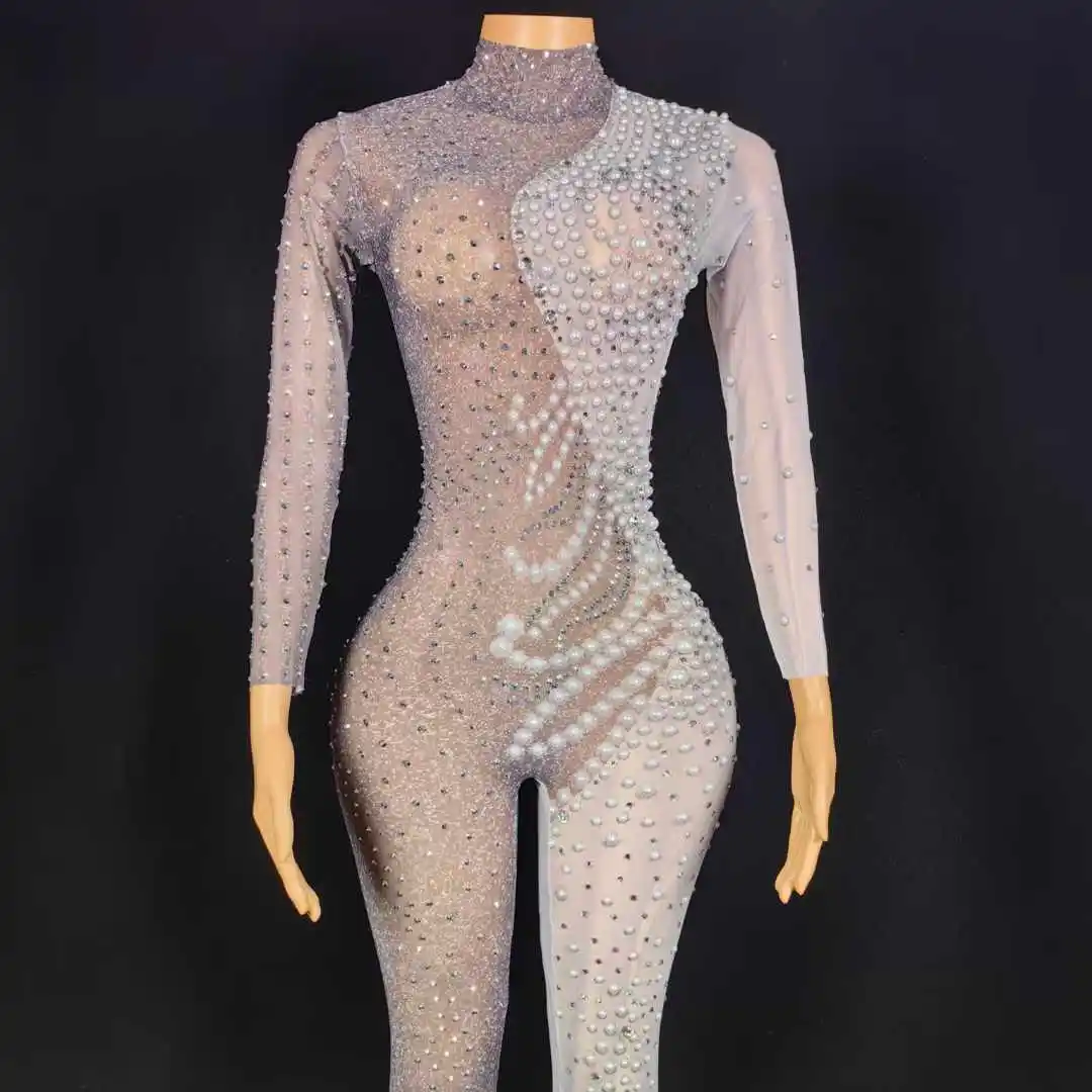 Monos con cuentas de purpurina y diamantes de imitación para mujer, trajes elásticos para el cuerpo, ropa de escenario de lujo para cantante, disfraz de Drag Queen 2024