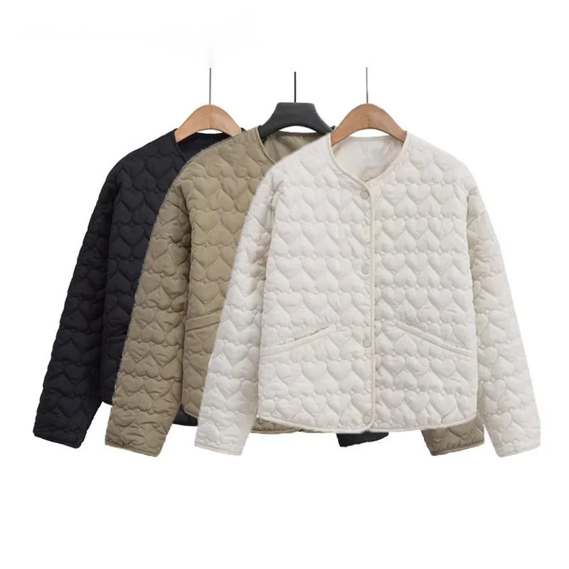 

Vintage Embossing Heart Quilted Coat Autumn Winter Chic Jacket Women Front Pocket Quilting Full Sleeve Loose Cotton Outerwear