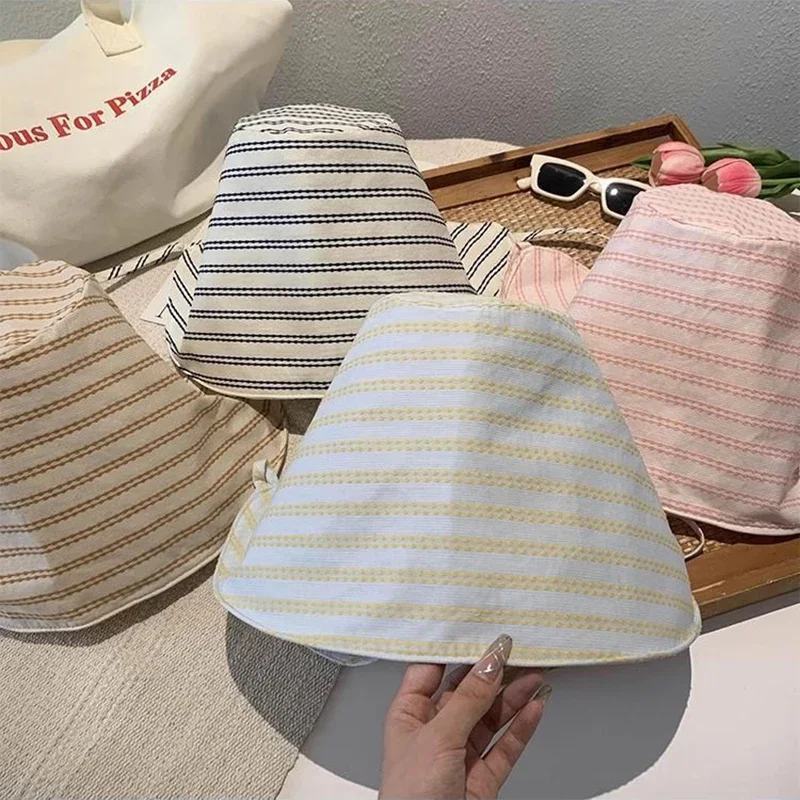 Large Brim Foldable Bucket Hat for Women Korean Striped Panama Bob Outdoor Beach Fishermen Hat with String