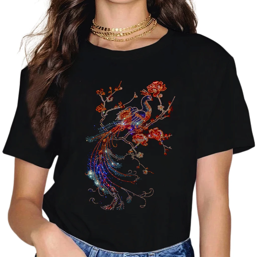 

summer women's short-sleeved T-shirts diamond shiny tops high-quality Fashion girl tees stamping diamond flash creative T-shirt