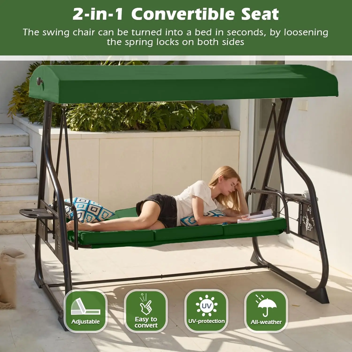 3 Seat Patio Porch Swing 800LBS Outdoor Swing with Stand Canopy Adjustable Backrest Patio Glider Chair Removable Pillows Green