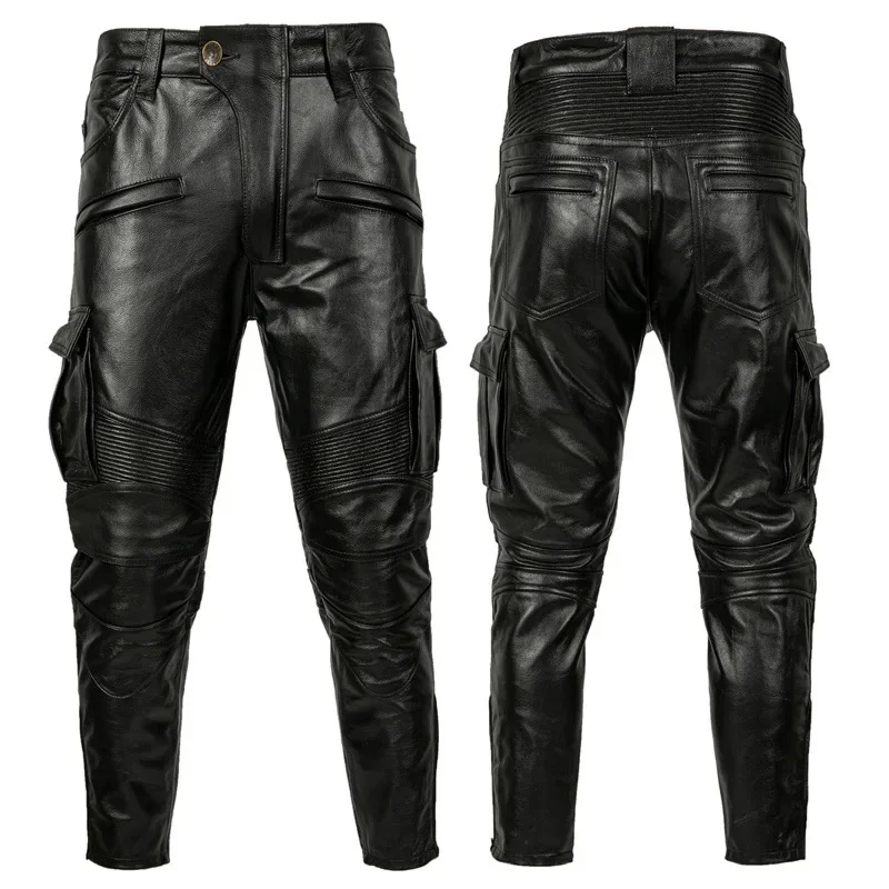 

New Motorcycle Leather Pants Top Layer Cowhide Men's Trousers Fashion Black Riding Suit Windproof