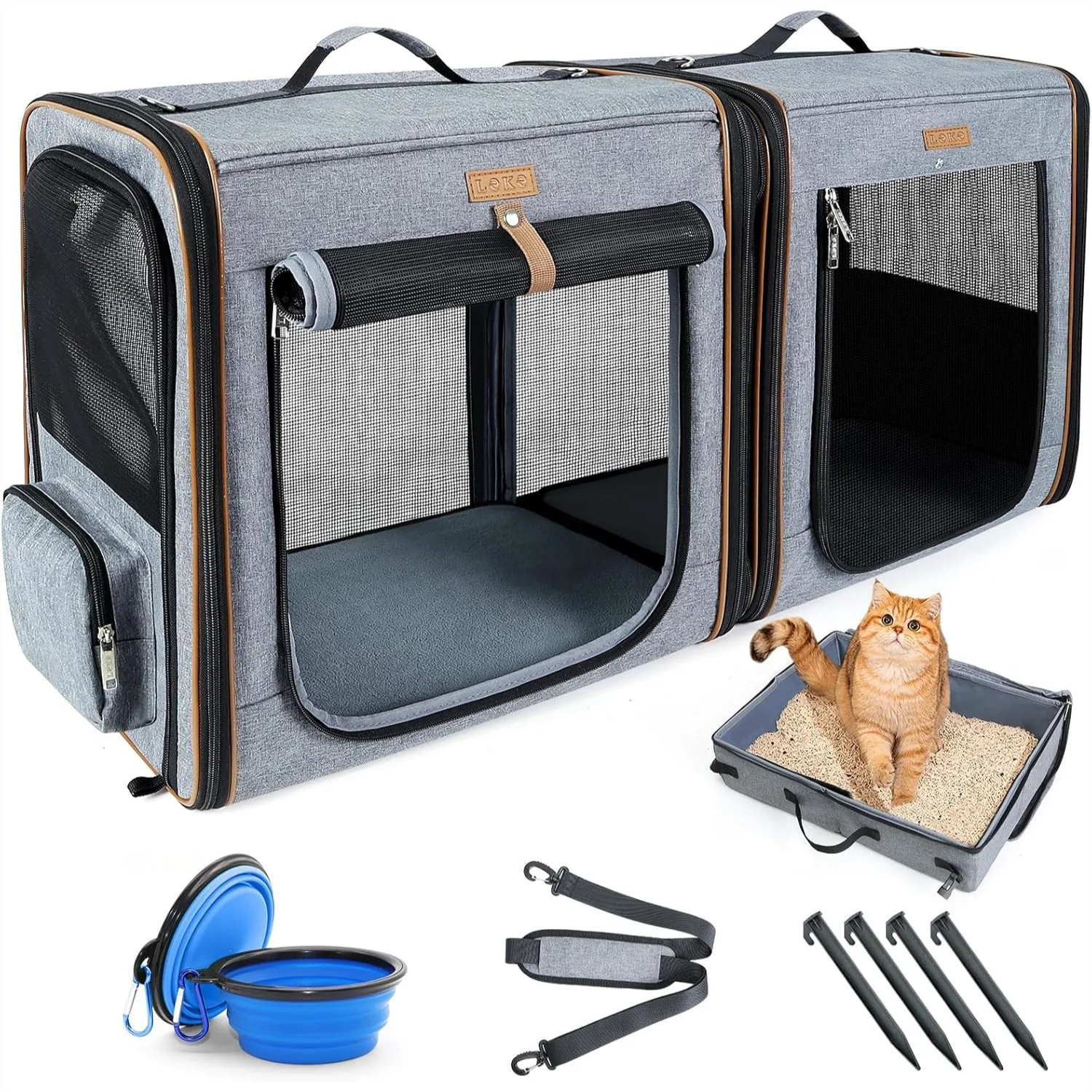 

Large Cat Carrier for 2 Cats, 2-in-1 Travel Carrier with Litter Box, Secure Zipper Locks for Moving Across Country - Grey