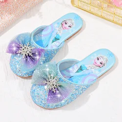 Disney Girl's Sandals Slippers Frozen Princess Elsa Sequin Bow Rhinestone Shoes Children's Summer Slippers Pink Blue Shoes