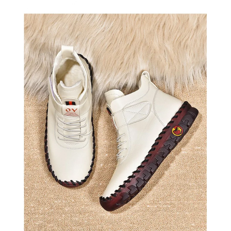 Bottes d'hiver chaudes en coton doublées de polaire – Chaussures plates montantes à Velcro pour femmes, chaussures plates de Style britannique à la mode et polyvalentes