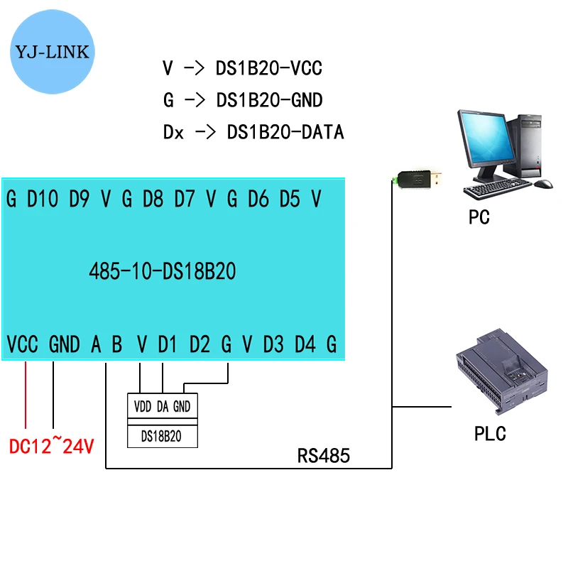 Module d'Acquisition de Température DS18B20, 10 Canaux RS485 Modbus de Communication