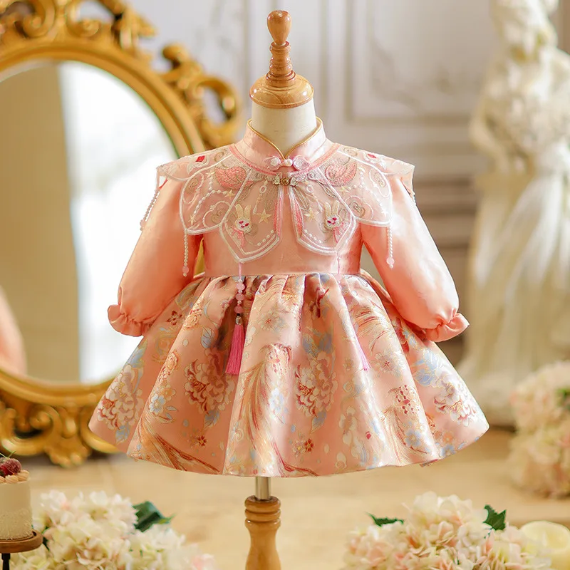 Baby Girl One Year Old Dress New Chinese Style Zhuazhou Banquet Pink Little Princess Dress Baby Long Sleeve Chinese Dress Cheong