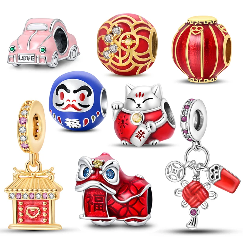 

New Women's Gift 925 Silver Creative New Year Lion Dance Red Lantern Lucky Cat Bead Fashion DIY Charm Bracelet Pendant Jewelry