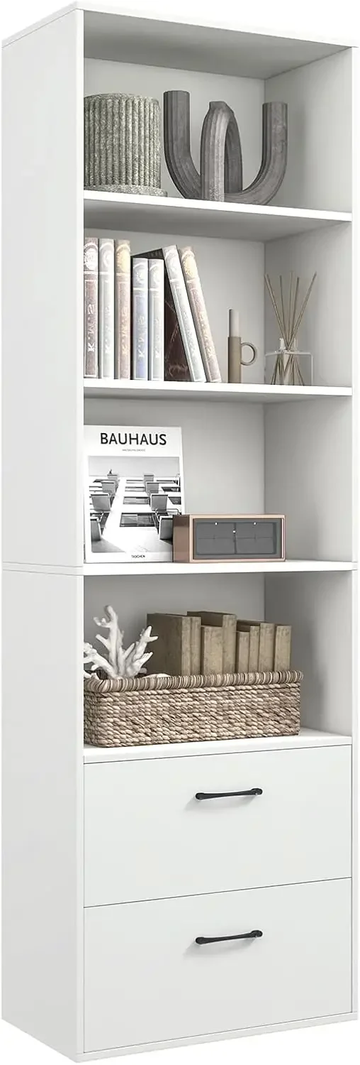 4 Shelf Bookcase with 2 Drawers, 74 Inch 4 Tiers Tall Open Bookshelf with 2 Slide-Out Drawers, Anti-toppling Device, Freestandin